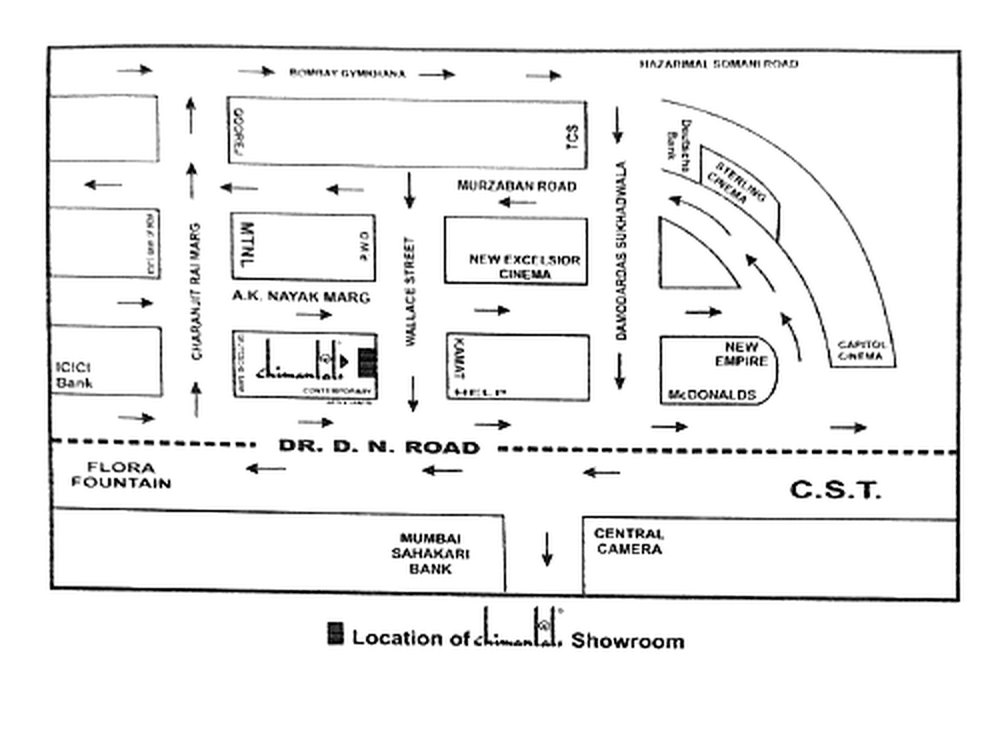 The Chimanlals map of Fort, Mumbai, showing D.N. Road between Flora Fountain and C.S.T., with Wallace Street, New Excelsior Cinema and the Chimanlals showroom marked
