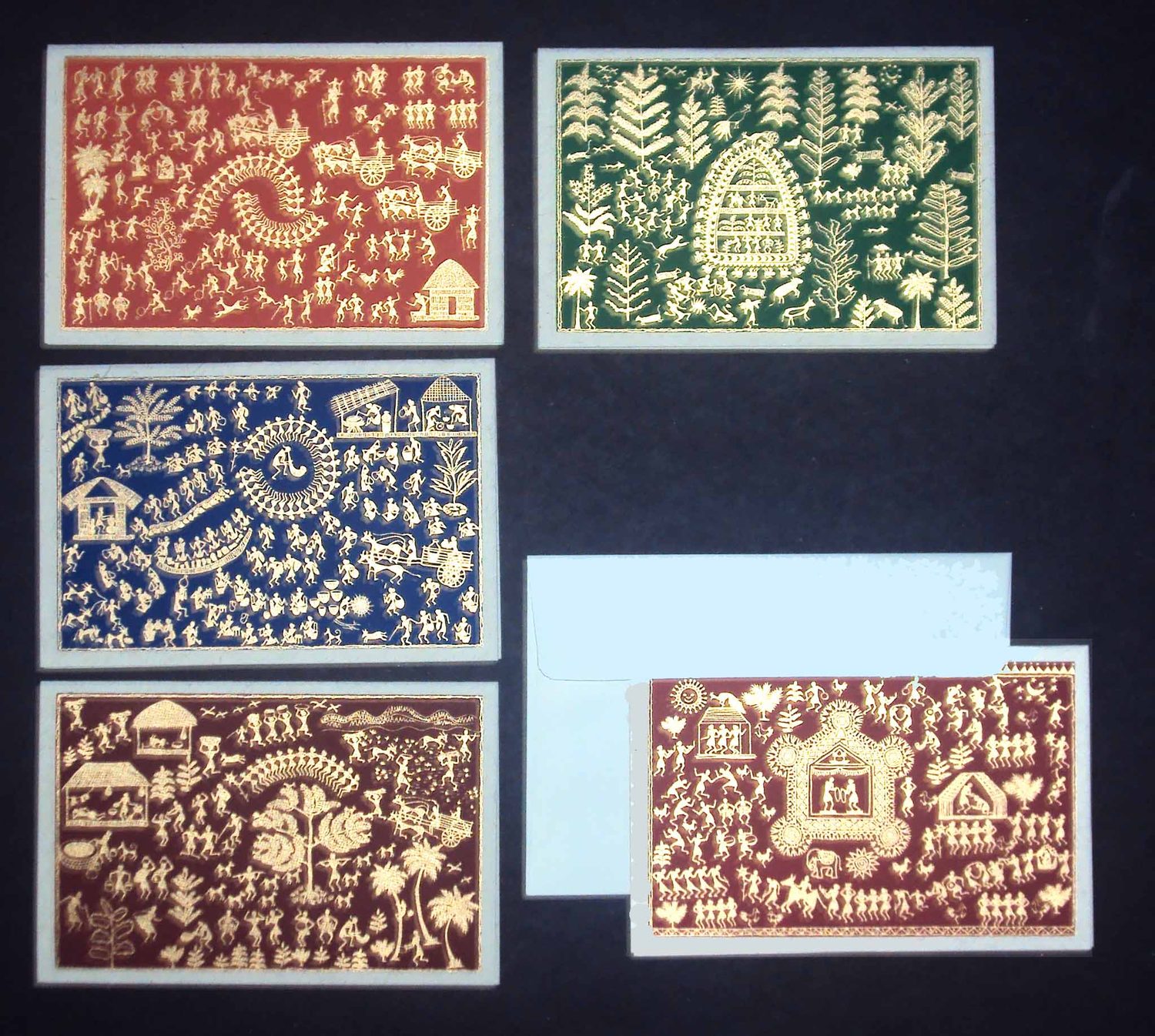 Warli-style figures printed on dark paper