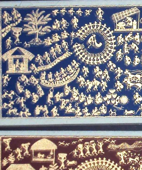 Warli-style figures printed on dark handmade paper